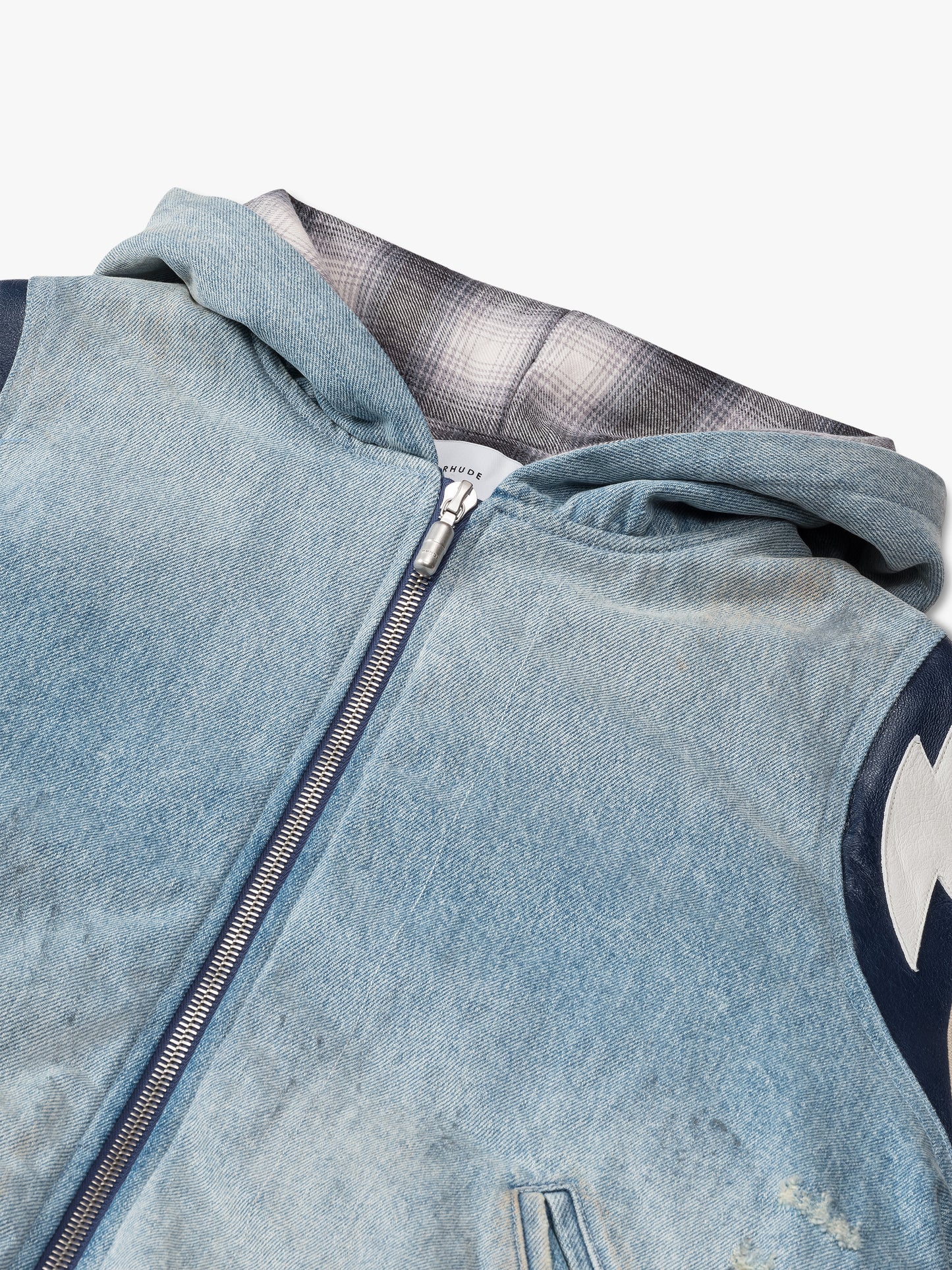 LIGHTNING DENIM HOODED VARSITY JACKET