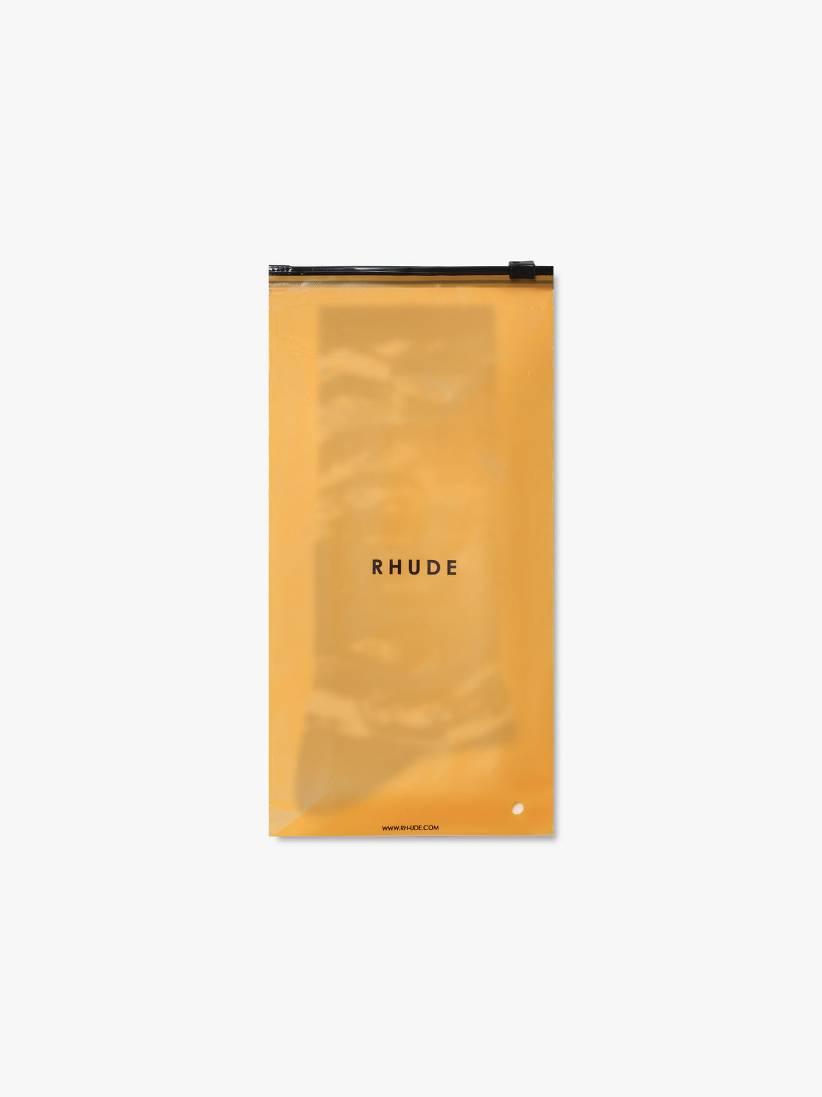 Camo Rhude socks folded inside translucent orange zip packaging with a RHUDE label