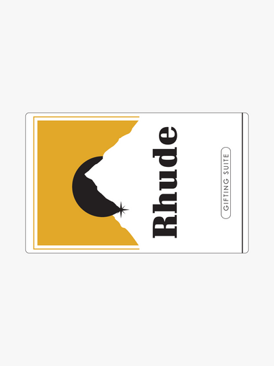 Rhude gift card design with a yellow panel, black moon over a mountain and “GIFTING SUITE” text