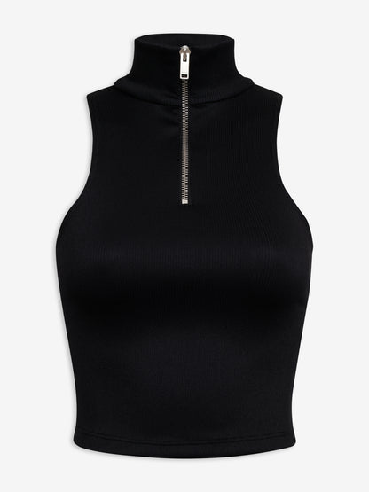 Black sleeveless ribbed knit top with a turtleneck and silver half zip, front view