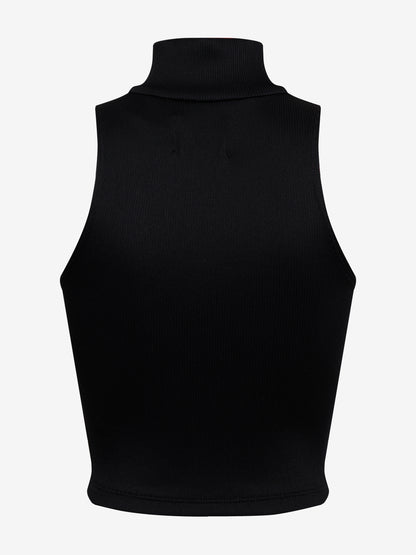 Black sleeveless ribbed knit turtleneck top, back view