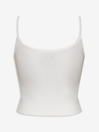 White sheer rib knit cropped cami top with thin straps, back view