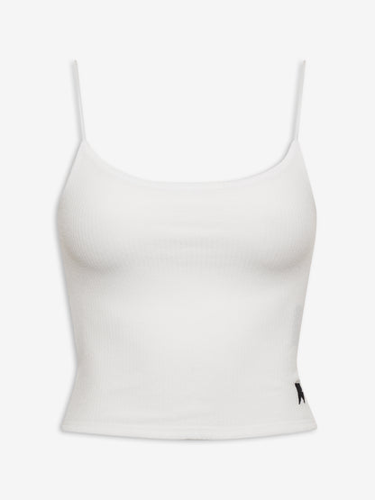 White sheer rib knit cropped cami top with thin straps and a small black tab at the hem, front view