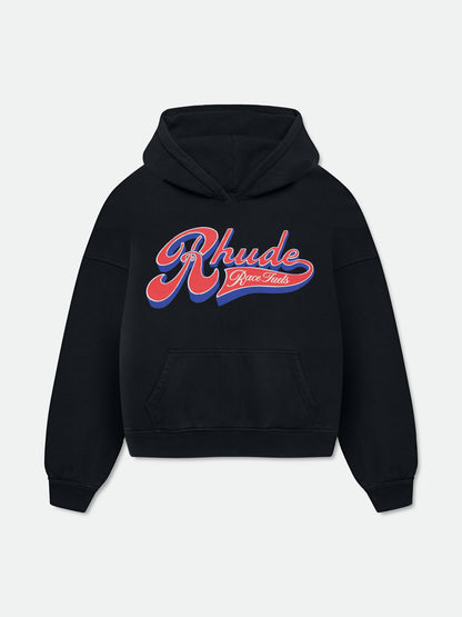 Vintage black hoodie with a red and blue script Rhude Race Fuels graphic and front pouch pocket, front view