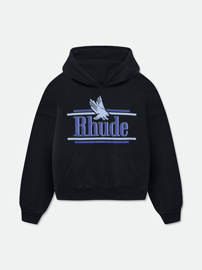 Vintage black hoodie with a blue and light blue eagle and striped Rhude graphic and front pouch pocket, front view