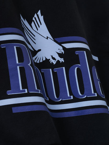 Angled detail of the eagle and striped Rhude print on the vintage black hoodie