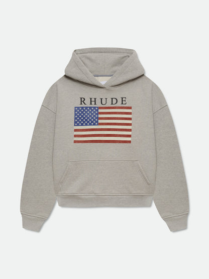 Heather grey hoodie with black RHUDE lettering above a faded US flag print and a front pouch pocket, front view