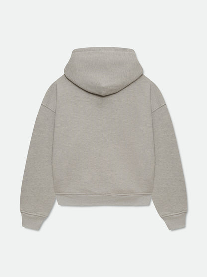 Heather grey hoodie with a plain back and ribbed cuffs and hem, back view