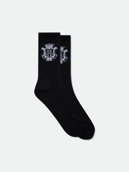 Pair of black ribbed socks with a white crowned crest logo with a monogram
