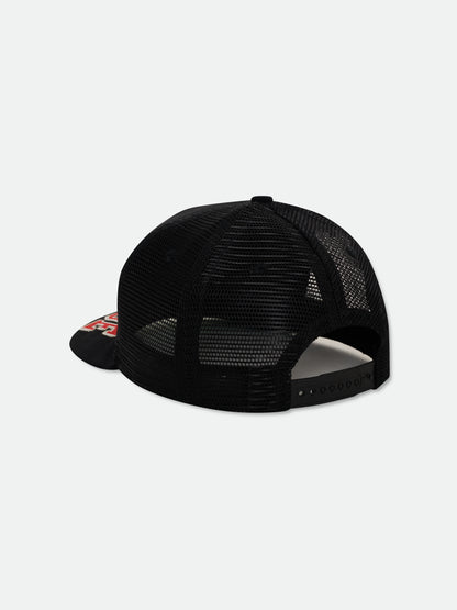 Black trucker hat with a mesh back and snapback strap, back view