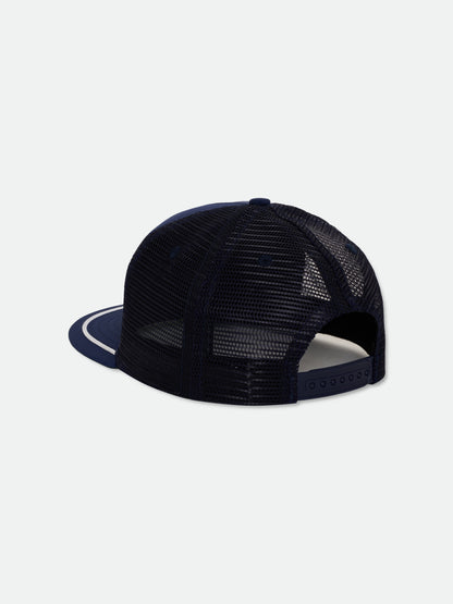 Navy Player Special trucker hat, back view showing the navy mesh panels and snapback strap