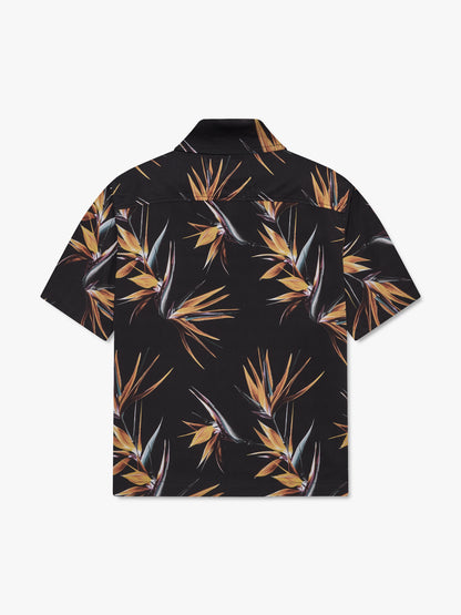 Black bird of paradise print short-sleeve shirt, back view