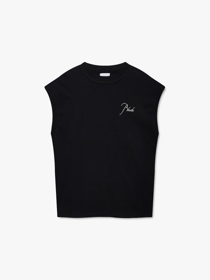 Black sleeveless cutoff tee with small cream script Rhude embroidery on the chest, front view