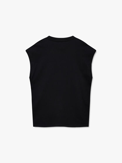 Black sleeveless cutoff tee, back view
