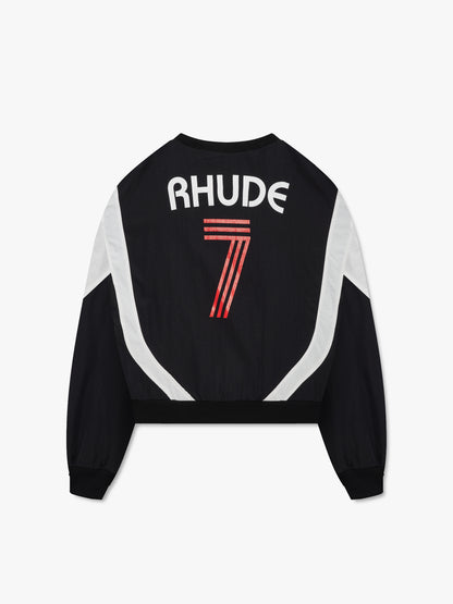 Vintage black crewneck with a large white RHUDE and red striped 7 across the back, back view