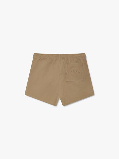Khaki twill shorts with a chevron-stitched back pocket, back view