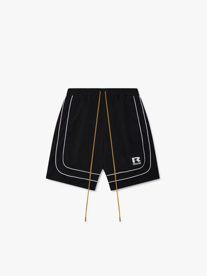 Black mesh basketball shorts with white double piping, a white R Rhude logo and long tan drawcords, front view