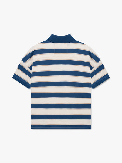 Off-white and blue striped short-sleeve polo with thin tan stripes and blue cuffs, back view