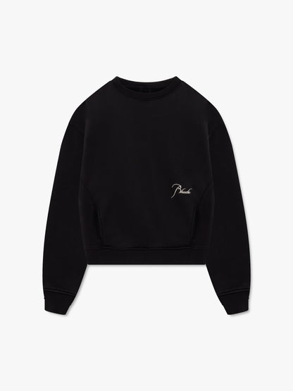 Vintage black crewneck sweatshirt with curved front seams and cream script Rhude embroidery, front view
