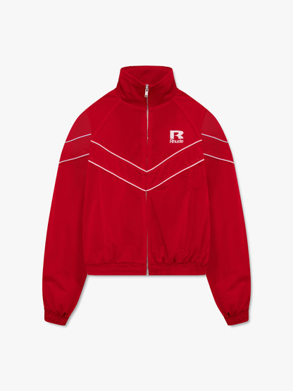 Red raglan track jacket with a stand collar, full zip, white chevron piping and a white R Rhude chest logo, front view