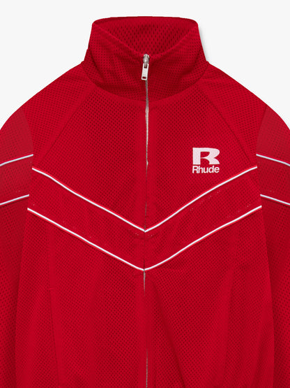 Close-up of the stand collar, zip and white R Rhude logo on the red mesh track jacket