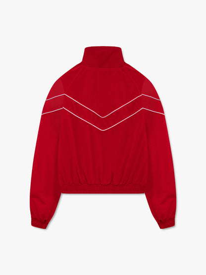 Red raglan track jacket with white chevron piping and an elasticated hem and cuffs, back view