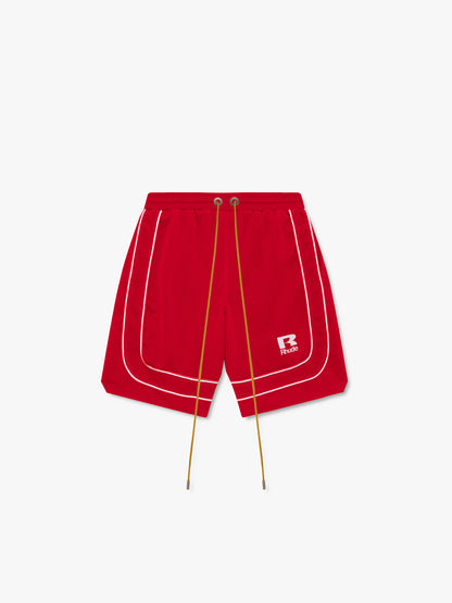 Red mesh track shorts with white piping, long tan drawcords and a white R Rhude logo at the hem, front view