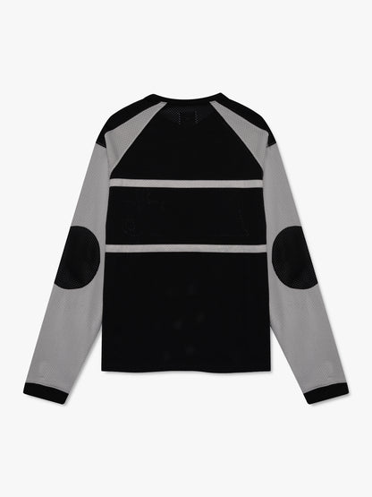 Black mesh long-sleeve moto shirt with grey sleeves, grey stripes and round black elbow patches, back view
