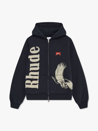 Vintage black zip-up hoodie with a vertical cream Rhude logo, cream eagle graphic and small red mountain logo, front view