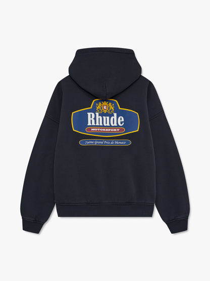 Vintage black zip-up hoodie, back view with a large Rhude Motorsport crest and “79éme Grand Prix de Monaco” banner