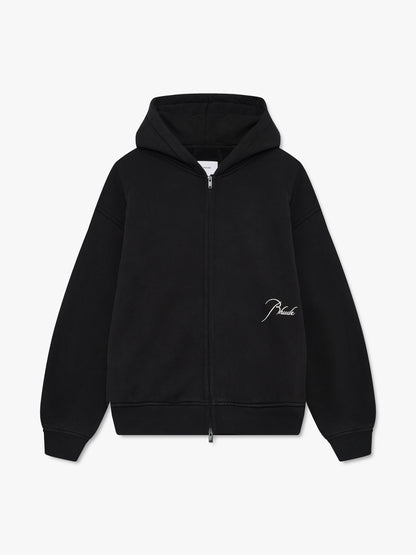Black full-zip hoodie with a white script Rhude logo embroidered at the lower front, front view