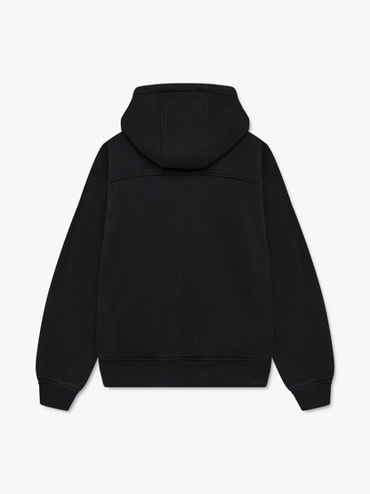 Black full-zip hoodie with a white hip logo, back view with a plain back and hood