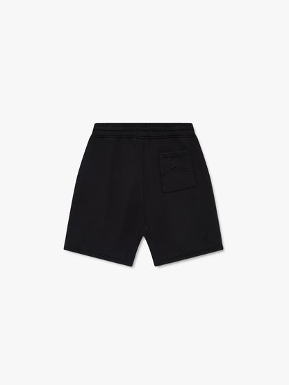 Black sweat shorts, back view showing the elastic waistband and rear patch pocket