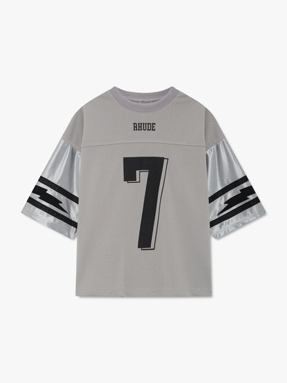 Grey mesh football jersey with silver sleeves, black lightning bolt stripes, a black number 7 and RHUDE logo, front view