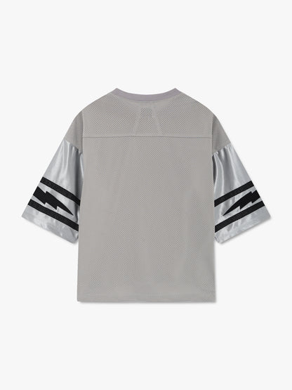 Grey mesh football jersey with silver sleeves and black lightning bolt stripes, back view