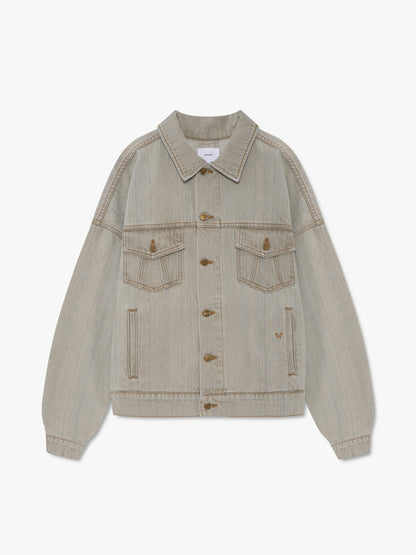 Liberty grey denim trucker jacket with flap chest pockets, tan stitching and metal buttons, front view