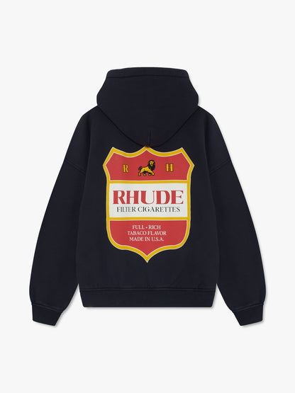 Vintage black hoodie, back view with a large red and gold RHUDE crest featuring a lion