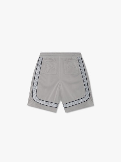 Grey mesh shorts with silver and black trim and back patch pockets, back view