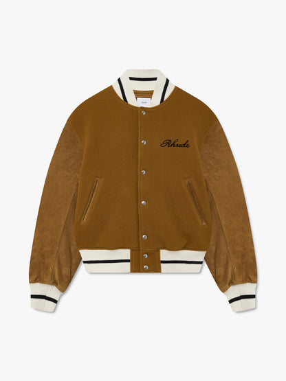 Mustard varsity jacket with leather sleeves, cream and black striped trims and black script Rhude logo, front view