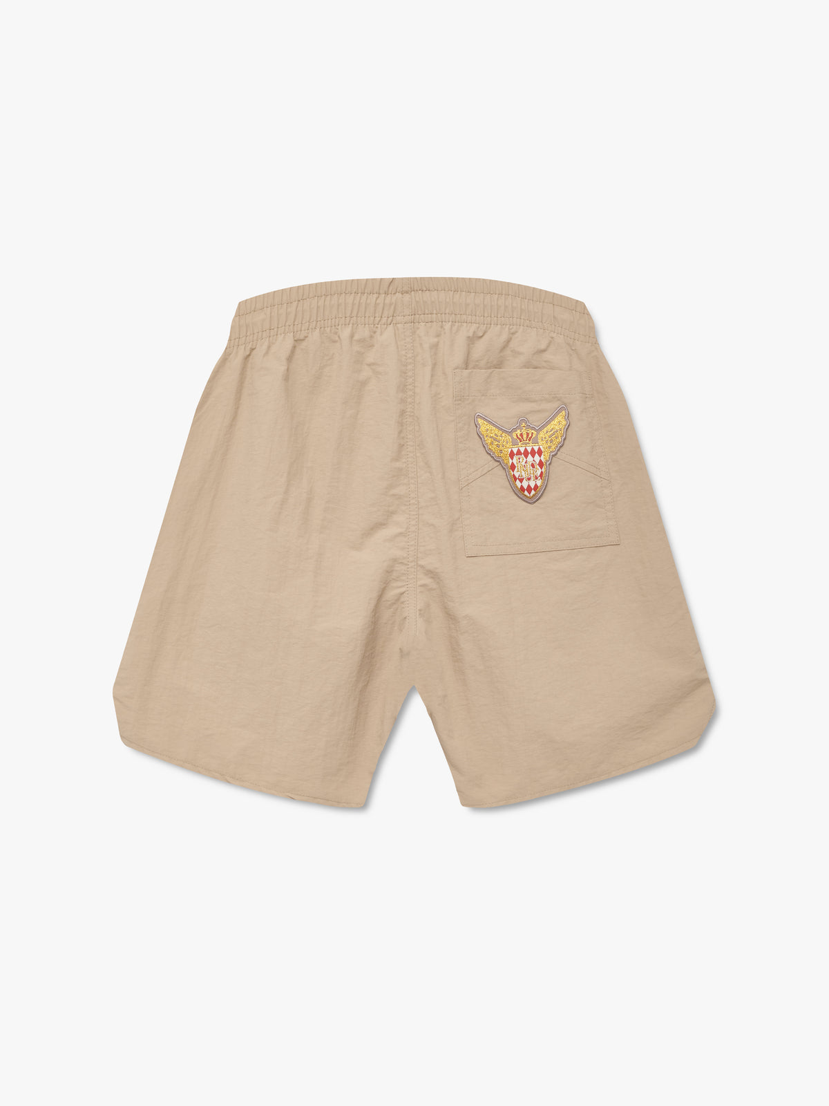 Tan shorts with an elastic waist and a winged crest patch on the rear pocket, back view