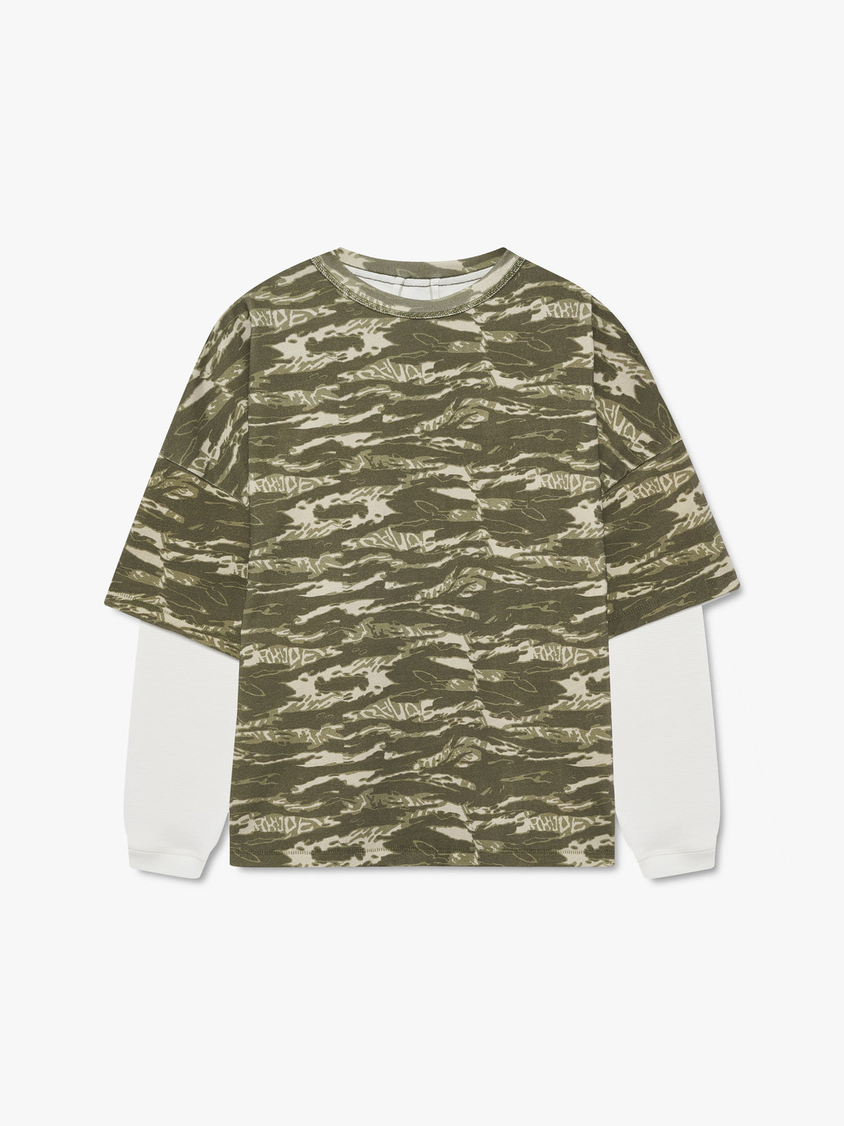 Green tiger camo short-sleeve tee layered over white long sleeves, front view