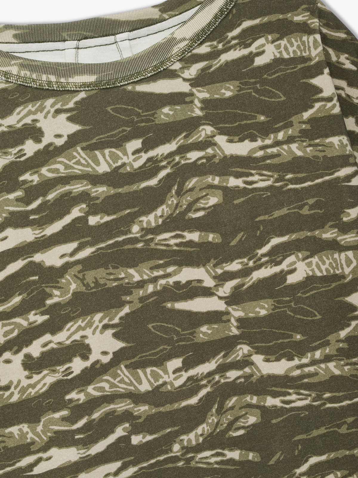 Detail of the green tiger camo print with RHUDE lettering hidden in the stripes and a ribbed collar