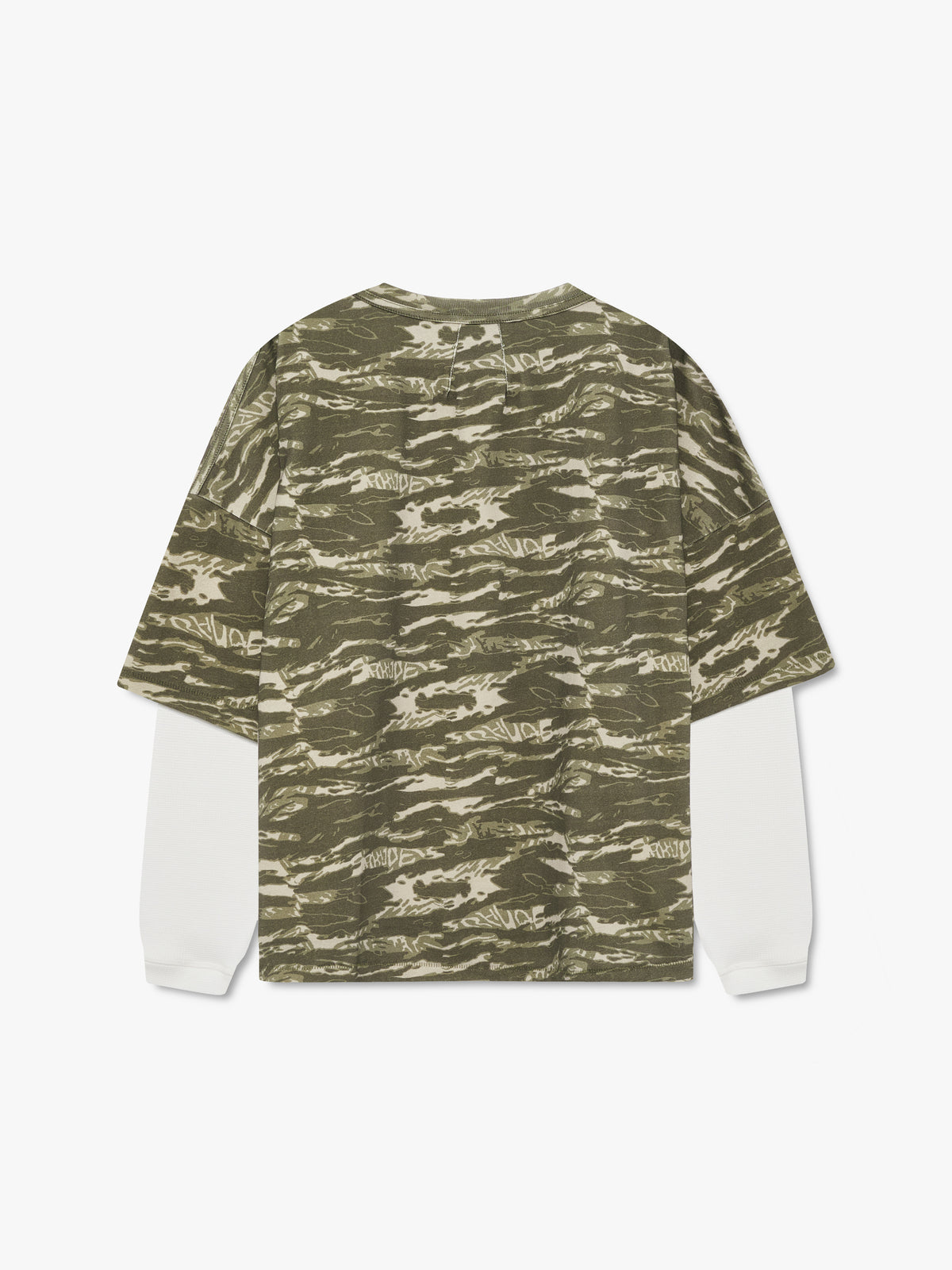 Green tiger camo tee with white layered long sleeves, back view