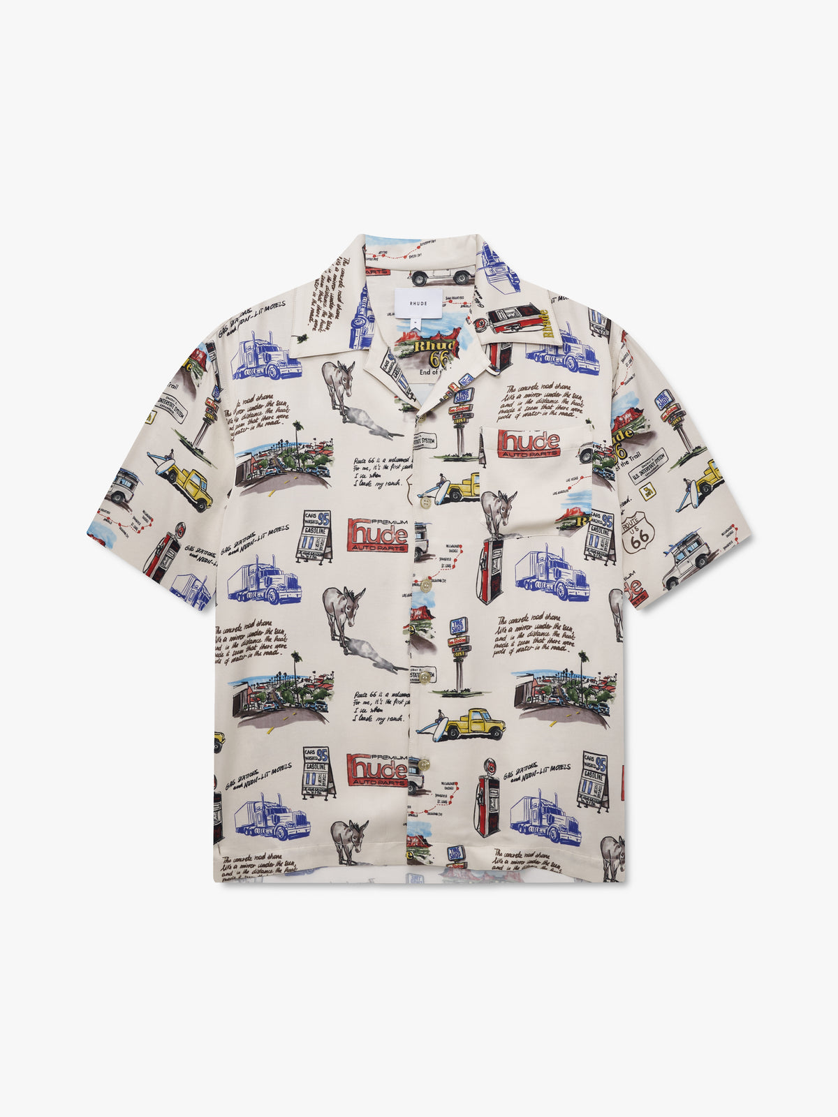White short-sleeve camp collar shirt with an all-over Route 66 road trip print and a chest pocket, front view