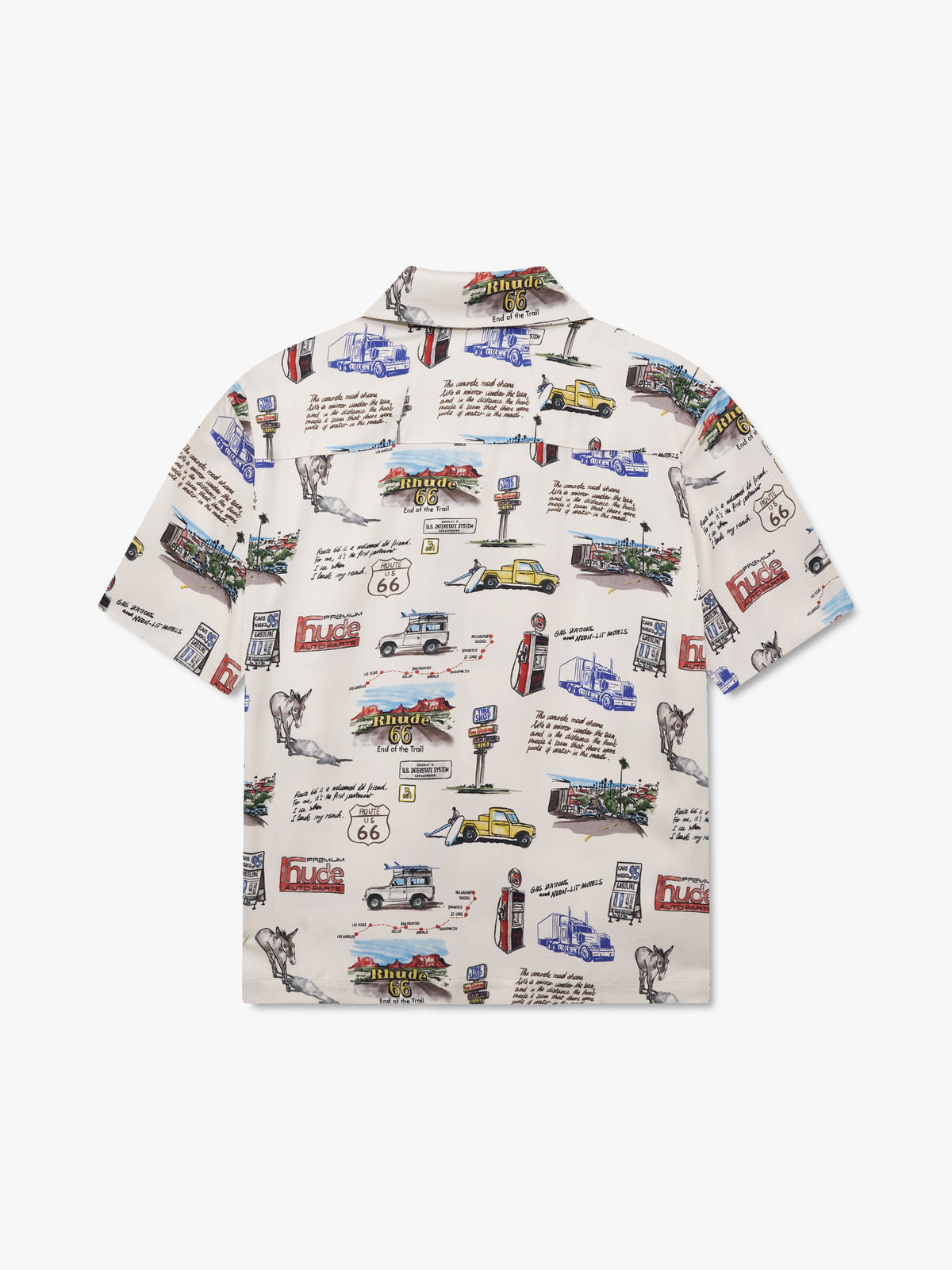 White short-sleeve camp collar shirt with an all-over print of trucks, donkeys and gas pumps, back view