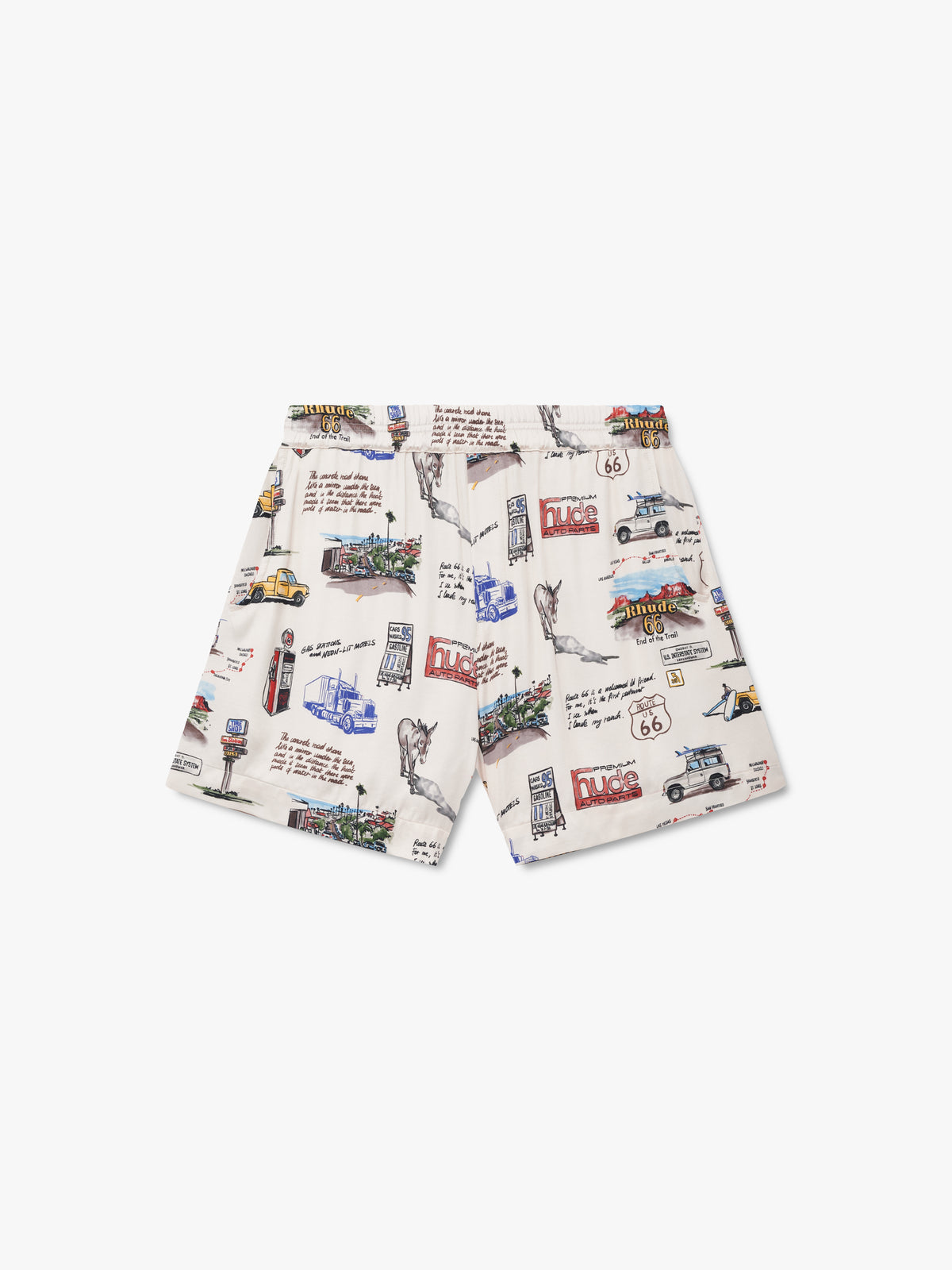 White shorts with an elastic waistband and an all-over Route 66 road trip print, front view