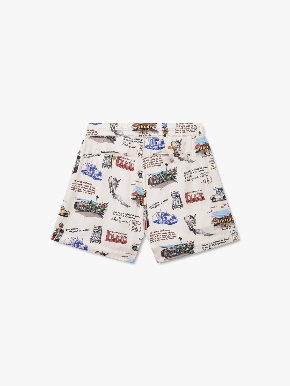 White shorts with an all-over print of trucks, donkeys and Rhude Auto Parts logos, back view