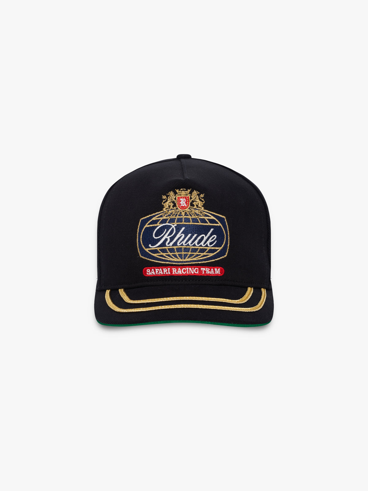 Black cap with a navy and gold Rhude globe crest, red “Safari Racing Team” banner and gold-striped brim, front view