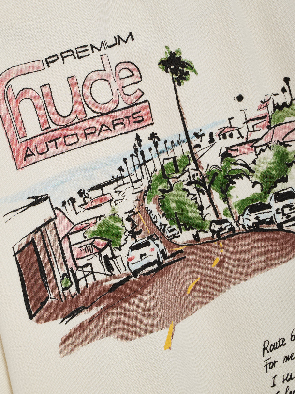 Close-up of the Premium Rhude Auto Parts logo and palm-lined street scene print on the back of the vintage white tee