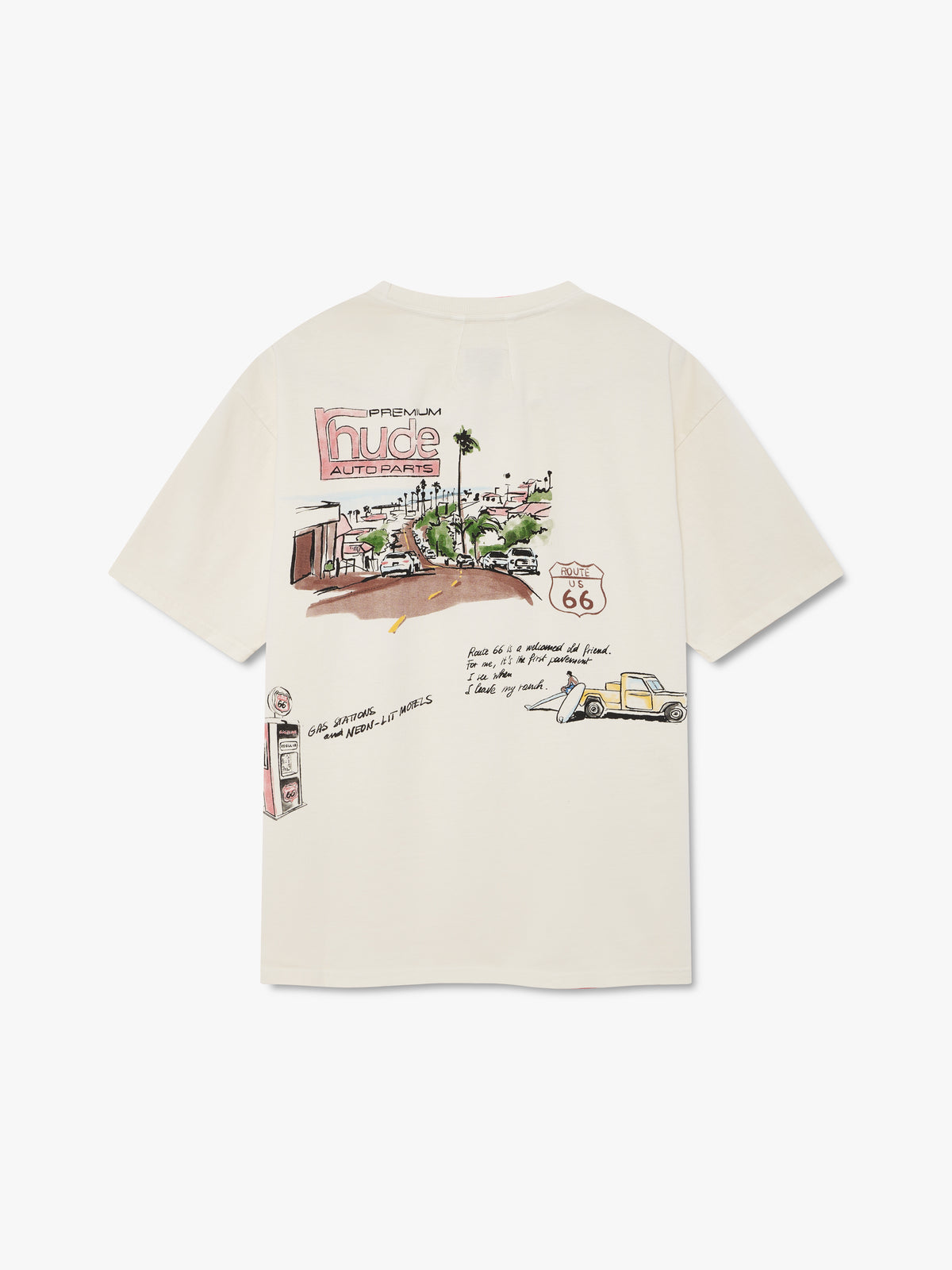 Vintage white tee, back view with a Rhude Auto Parts street scene, Route 66 sign and yellow pickup truck print